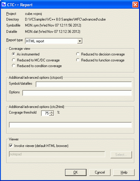 CTC++ Report dialog